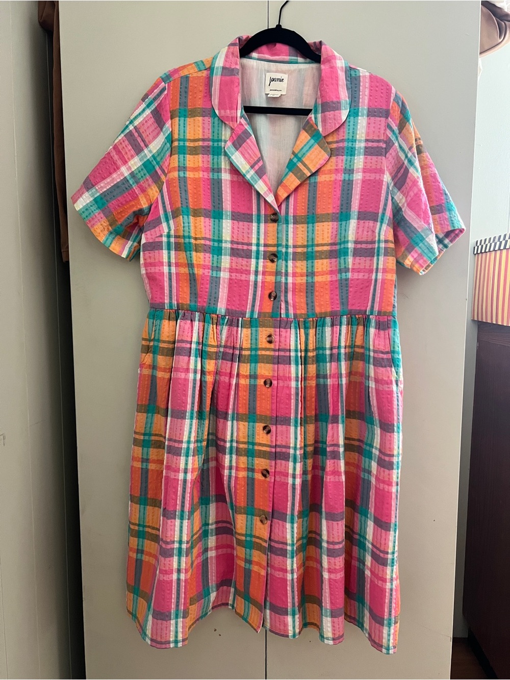 Joanie size 16 18 Pink Plaid Button-Front women’s Dress plus sized happy cheer